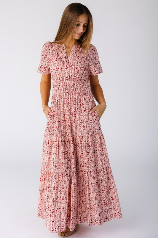 Citrus The Shae Print Dress in rose & burgundy print for women and teens