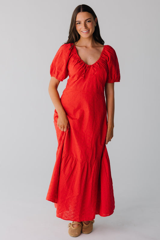 Red all eyelet women's midi dress with short puff sleeves