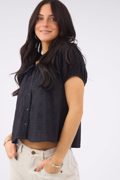Citrus Bow Top in black eyelet for women and teen girls. 
