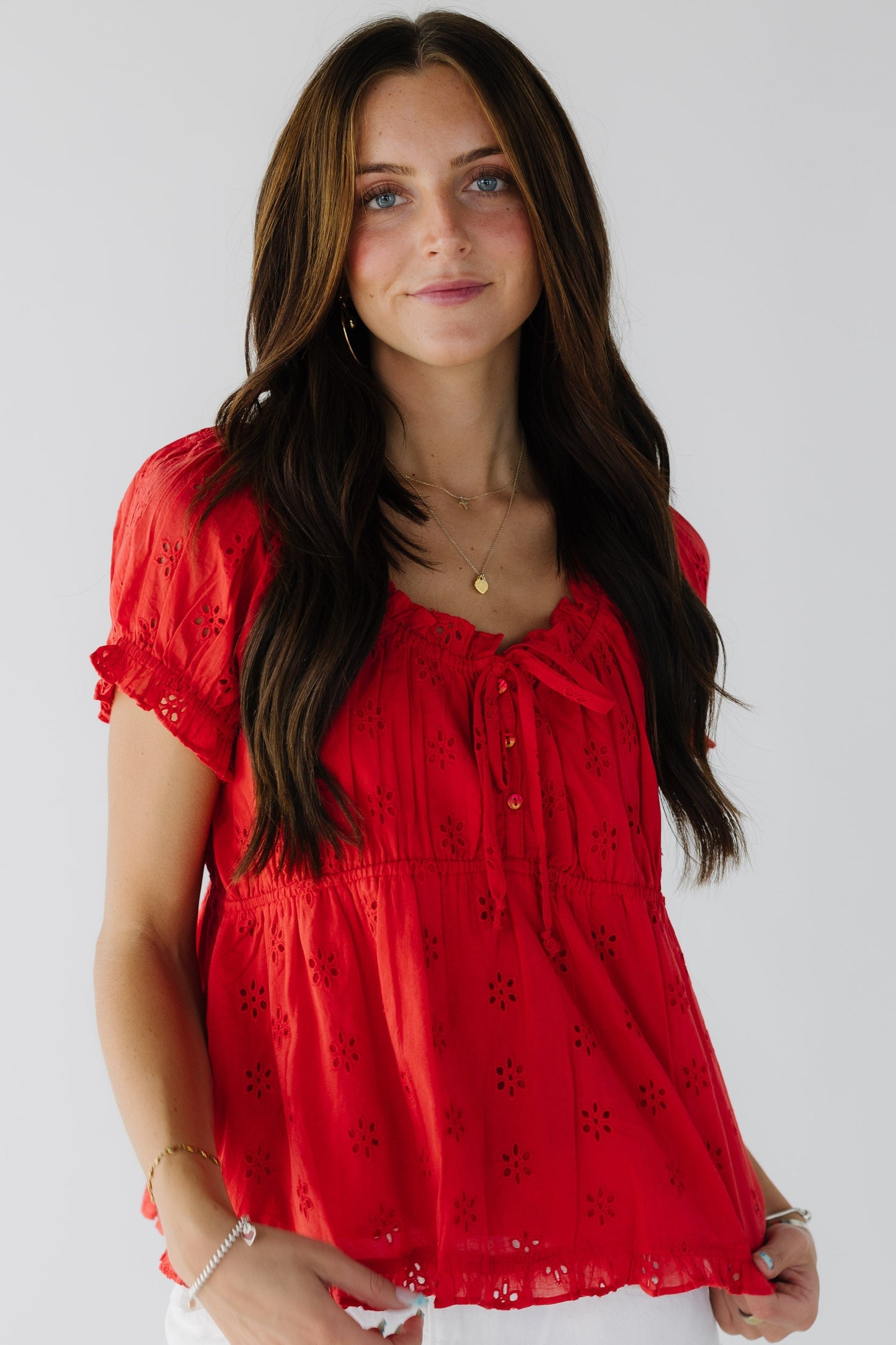 Citrus Delilah Top in red eyelet for women and teenage girls.