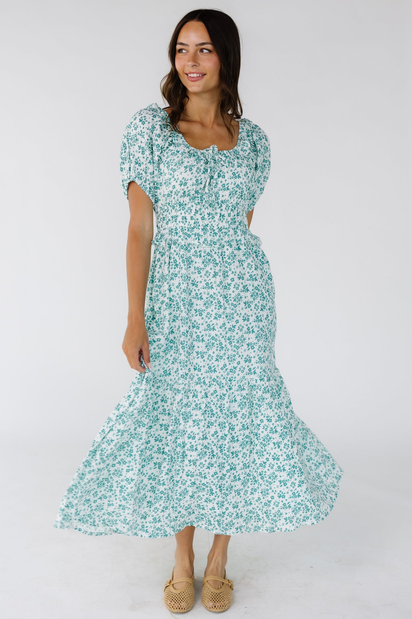 Citrus Jena Dress - Summer in white with a teal floral print for woman and teenage girls.