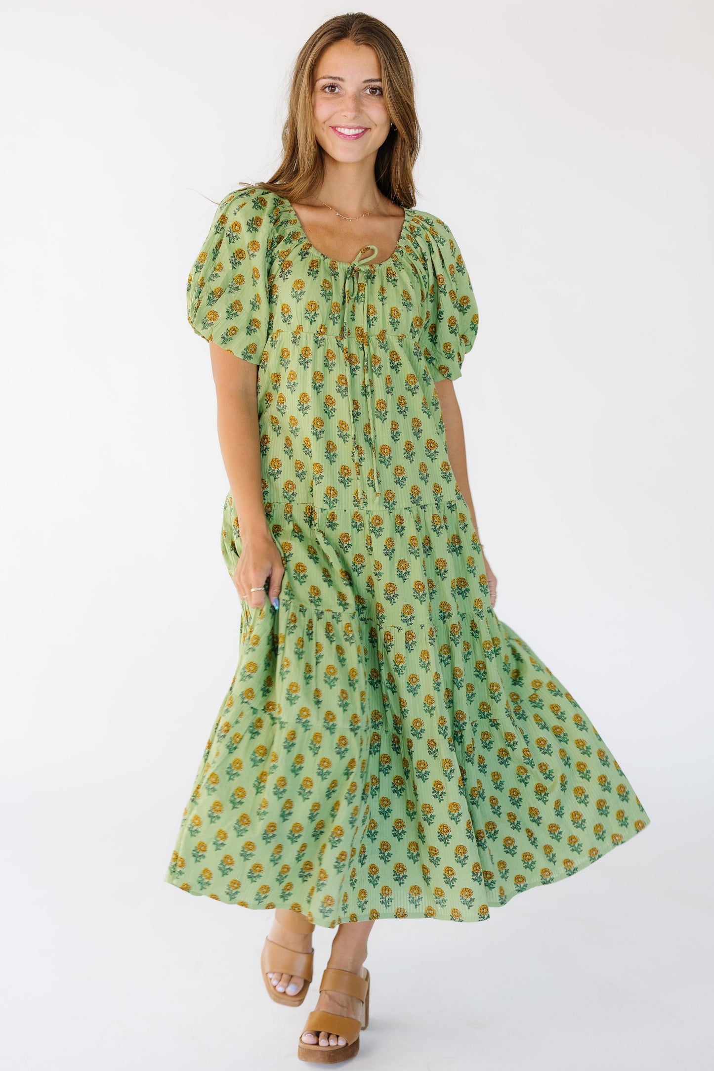 Citrus Spring Lyon Tiered Dress in a green block print for women and teens.