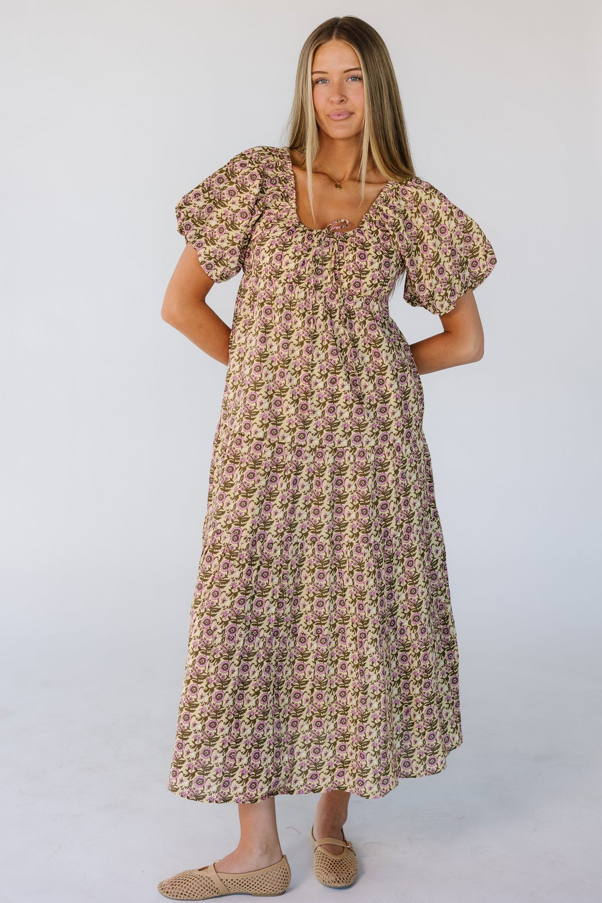 Citrus Lyon Tier Dress in a green & pink floral print for women and teen girls.