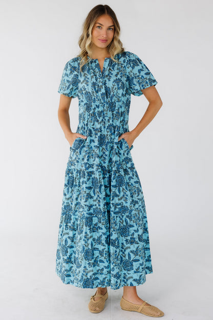 Citrus Shae Dress in blue floral & paisley print midi-maxi dress with a wide elastic waistand and side pockets.
