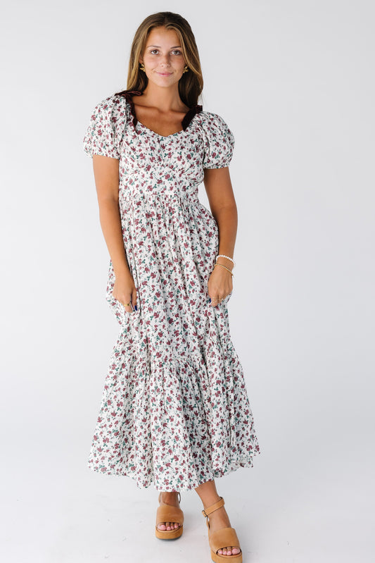 Modest women's white and burgundy floral print midi maxi dress with short sleeves