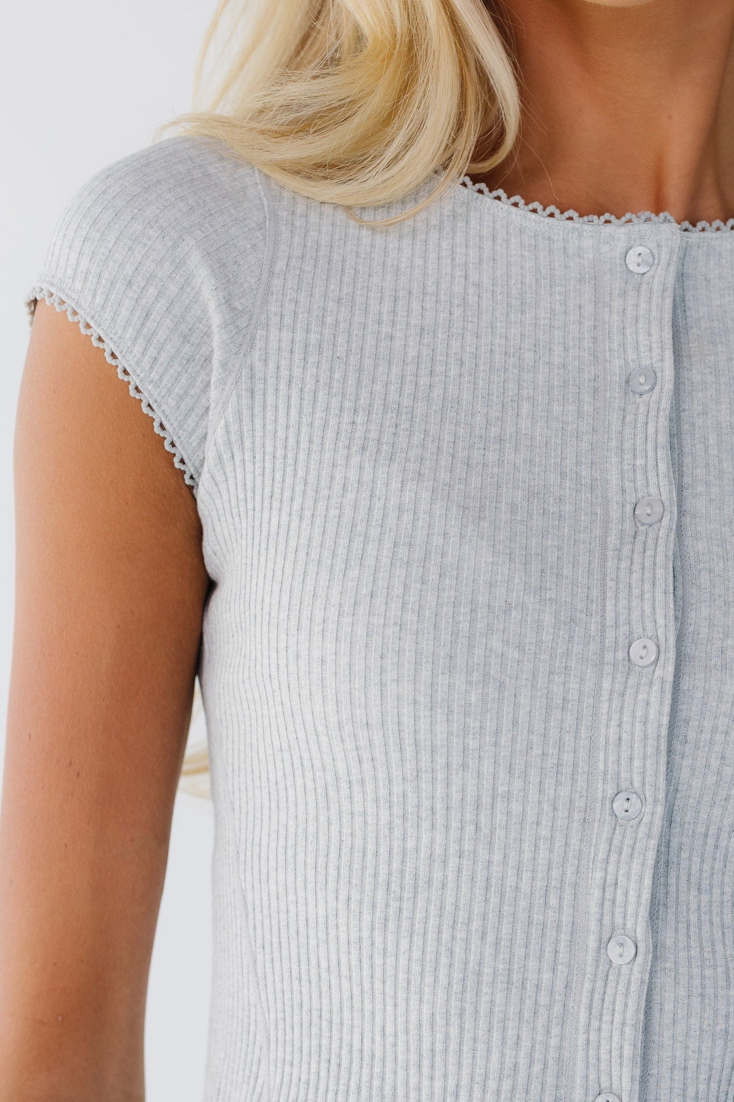 Close view of Brass & Roe Fitted Button Down Top in grey for women and teen girls.