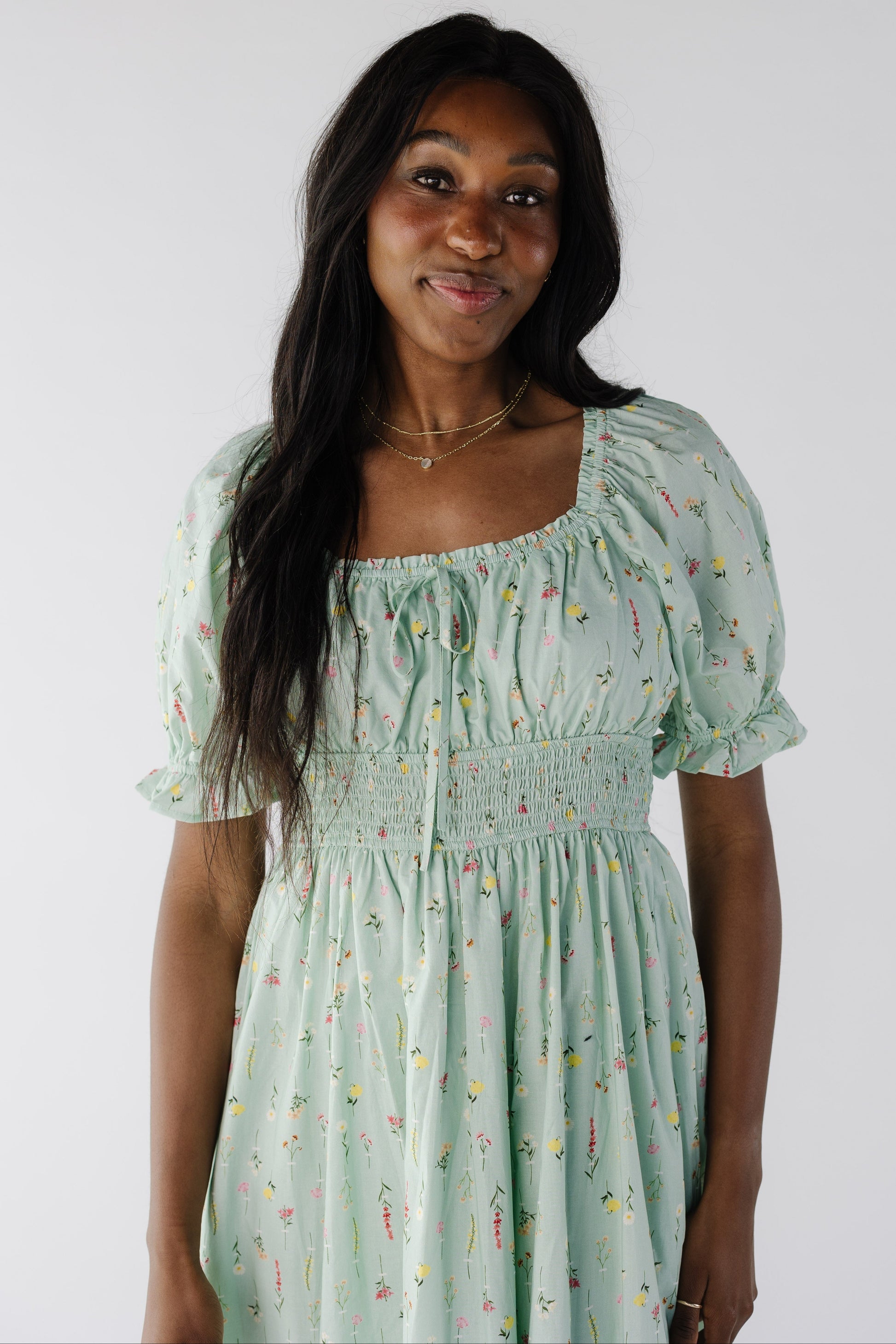 Mint floral dress with square neckline and wide elastic smocked waist