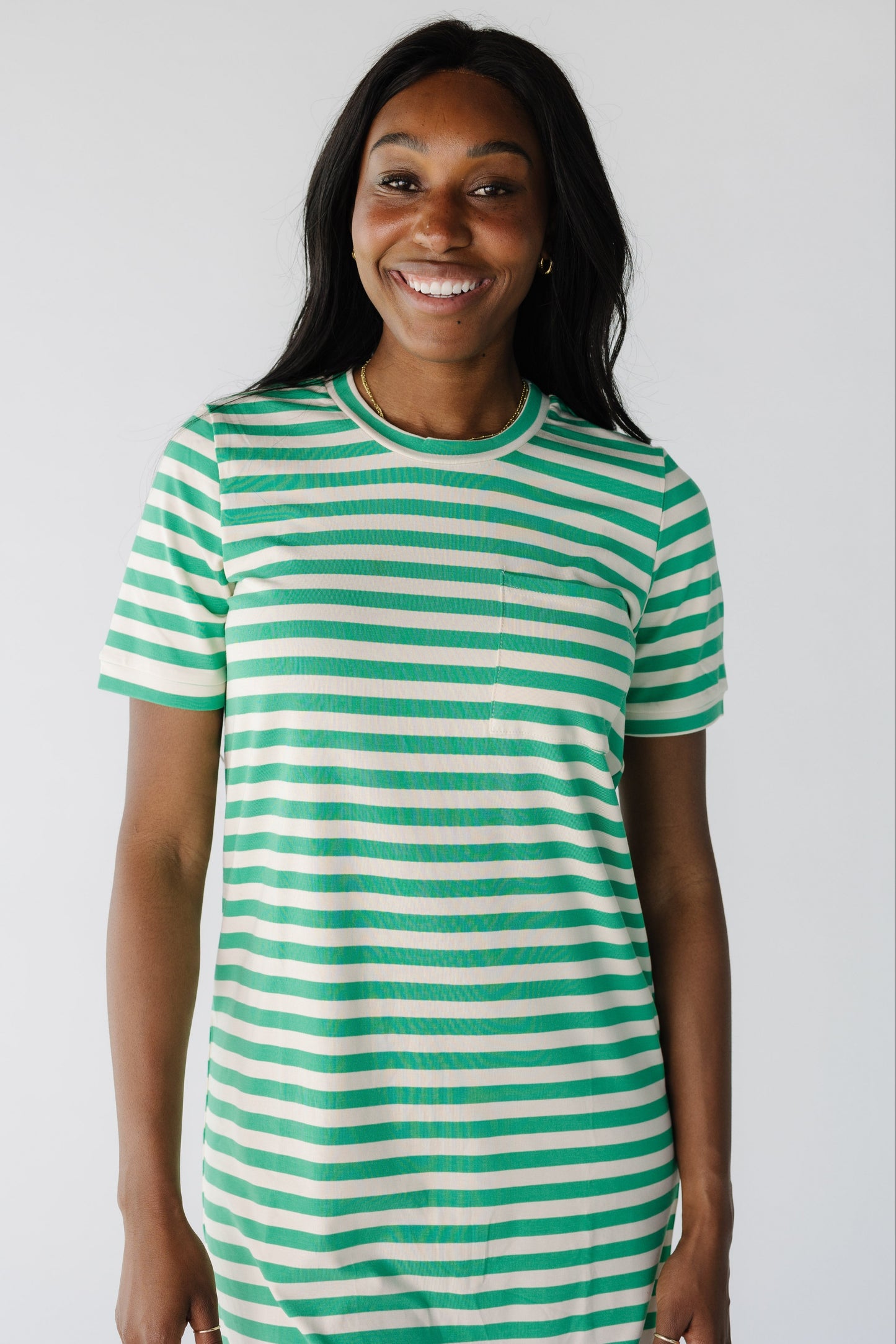 Brass & Roe New All Day T-Shirt Dress in green and white stripe