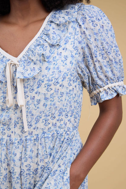 Brass & Roe Elowen Midi Dress in blue & white floral print  for women and teen girls.