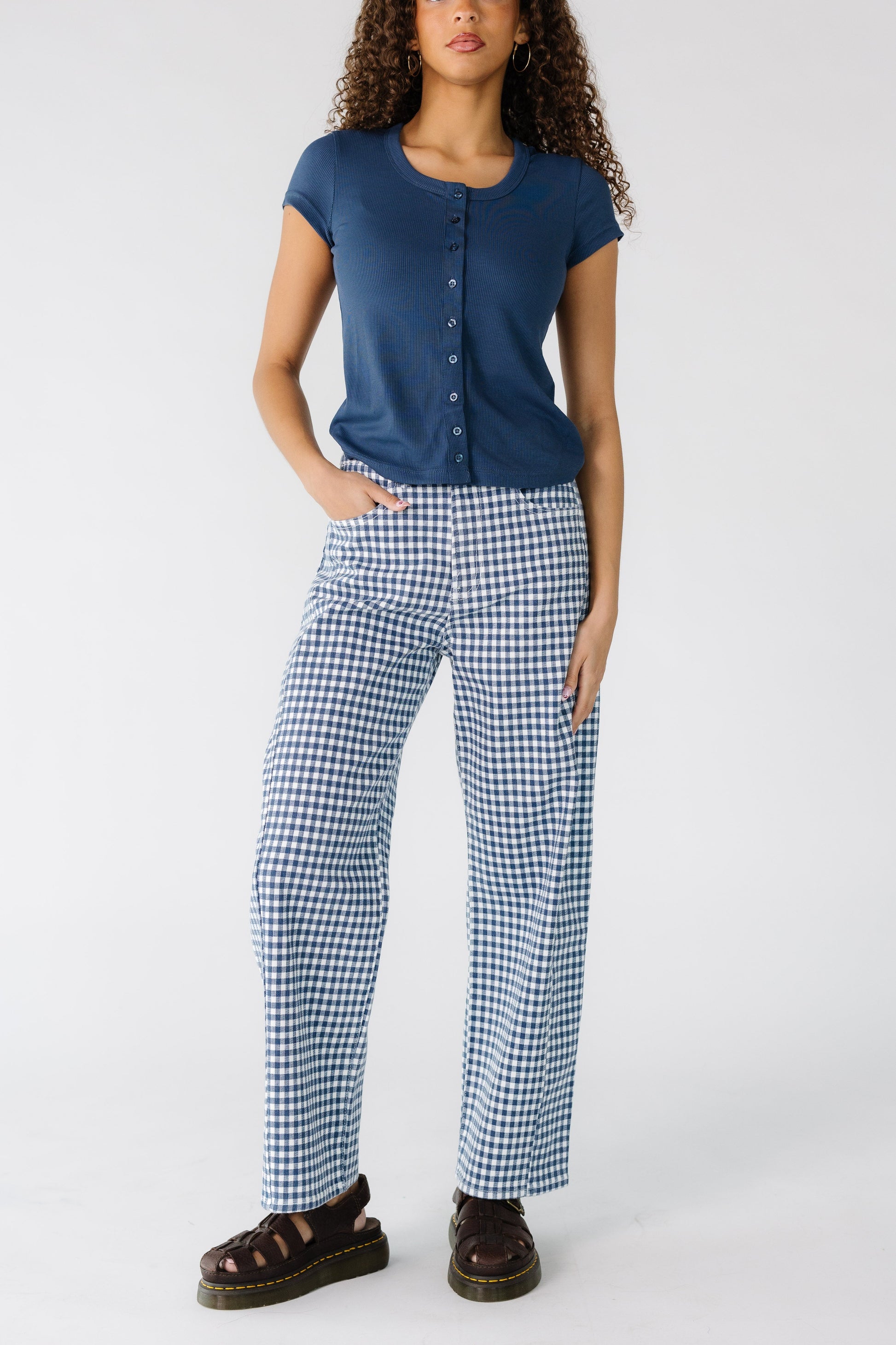 Navy Gingham Barrel Jeans WOMEN'S JEANS Just Panmaco Inc. 
