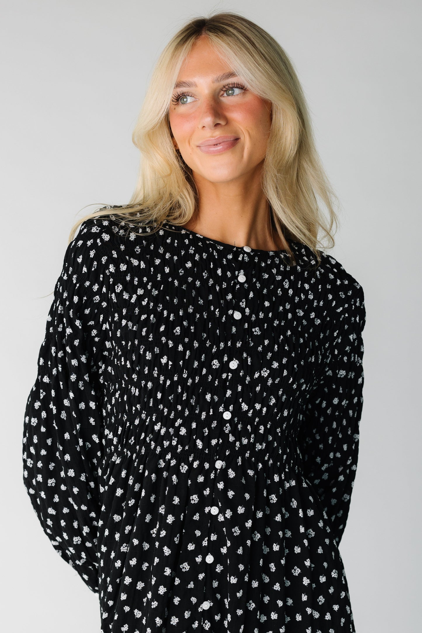 Brass & Roe Talia Smocked Dress for women and teens in black floral print