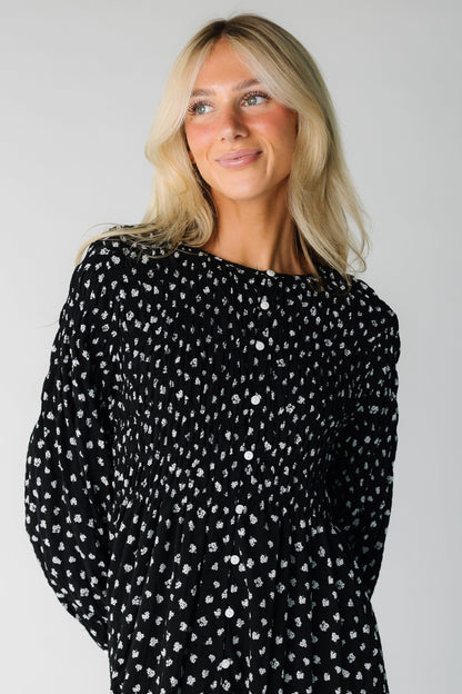 Brass & Roe Talia Smocked Dress for women and teens in black floral print
