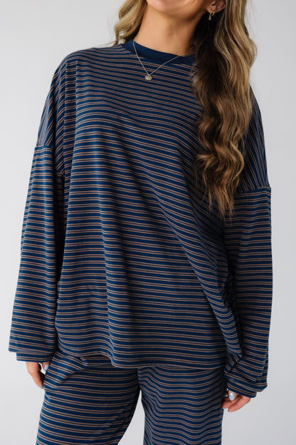 Cutie Everyday Stripe Spring Set in dark blue and taupe stripe for women and teens.