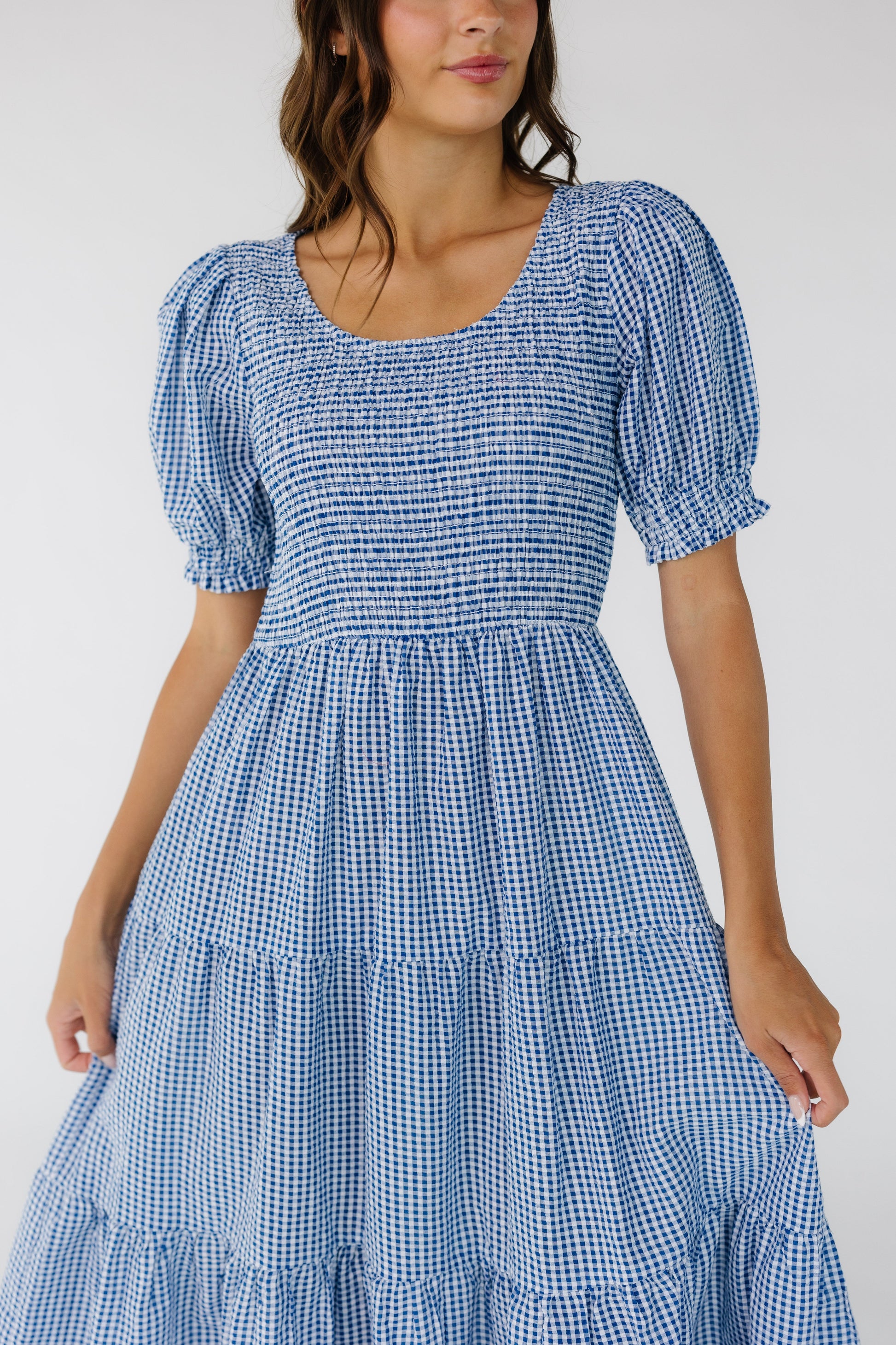 Brass & Roe Alison Midi Dress in blue & white gingham midi dress for women and teenage girls.
