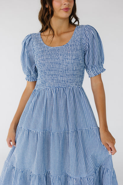 Brass & Roe Alison Midi Dress in blue & white gingham midi dress for women and teenage girls.