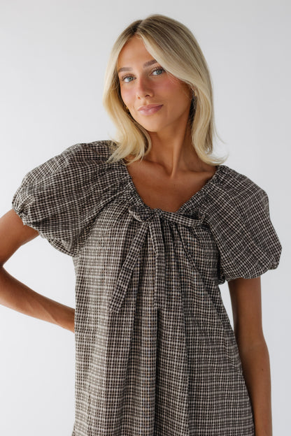Brass & Roe Gingham Bow Dress in black plaid for women and teen girls.
