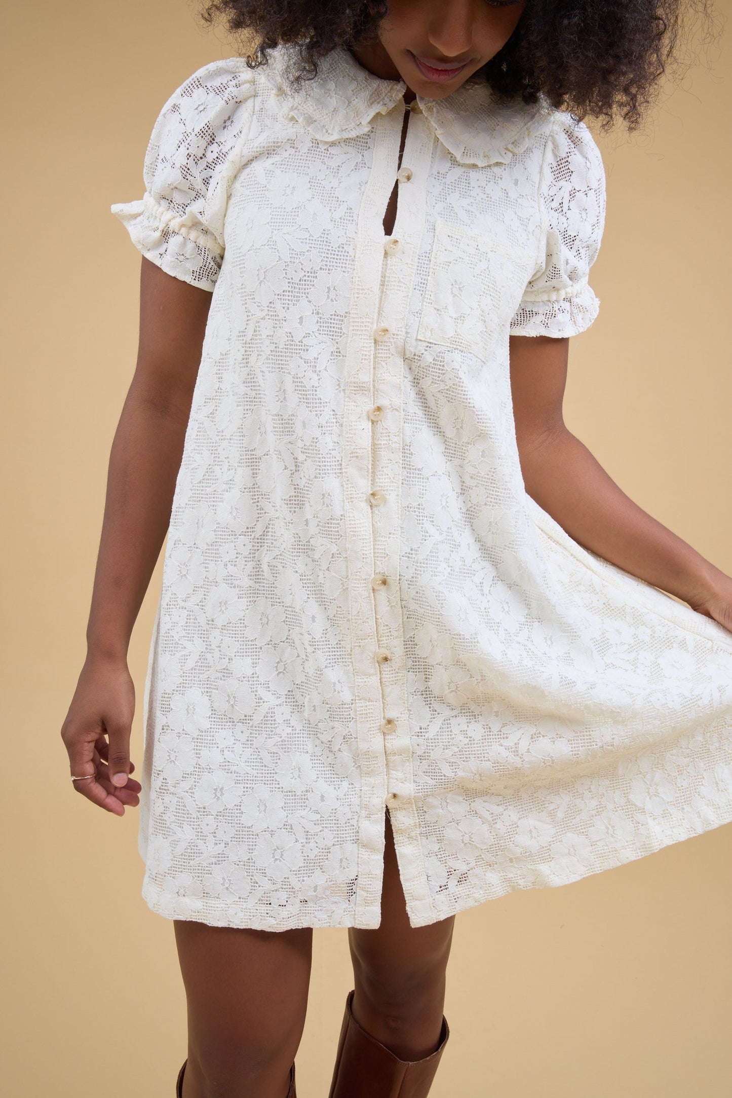 Brass & Roe Verona Collar Lace Dress in off white for women and teen girls.