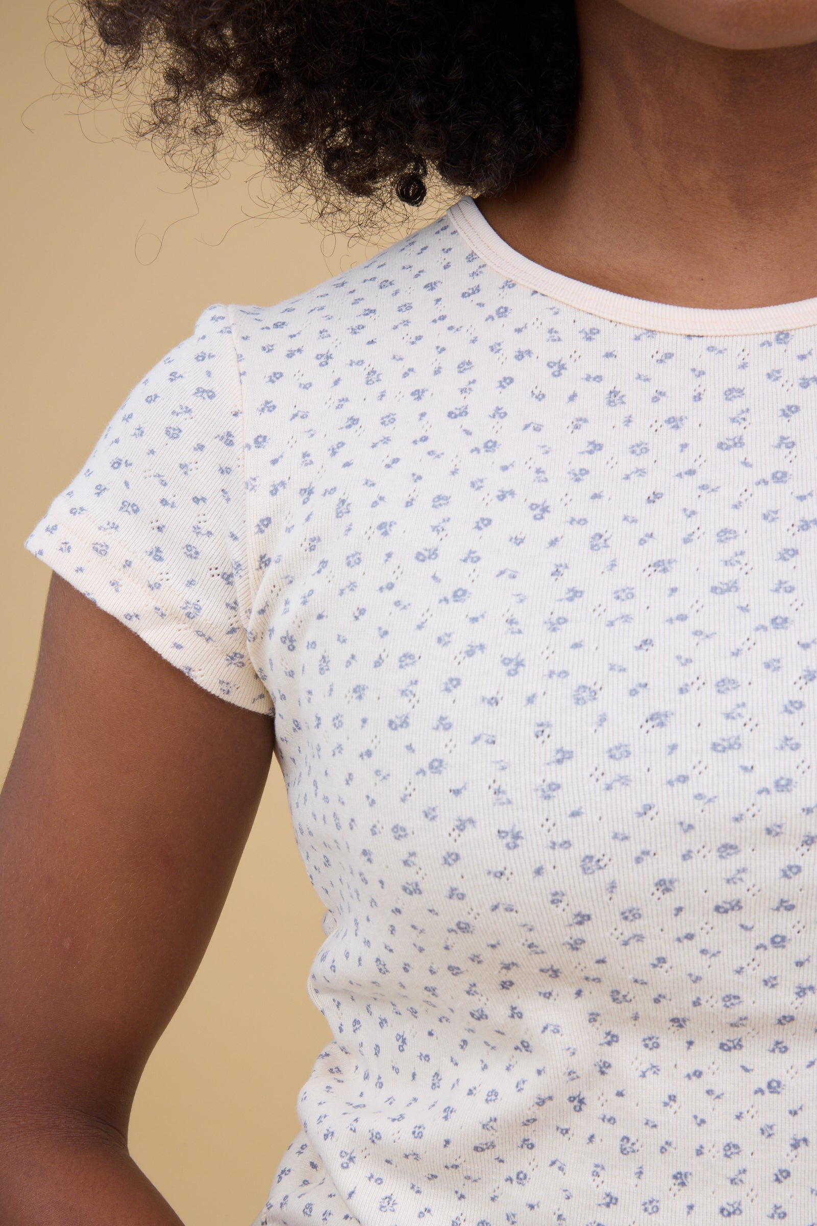 Close fitting cream & blue floral print tee with shrt sleeves.
