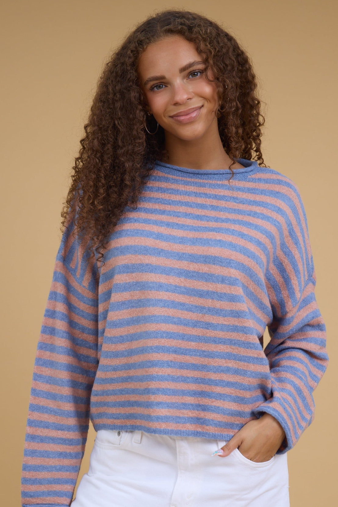 Nelly Stripe Pullover Sweater in blush & blue for women and teenage girls.