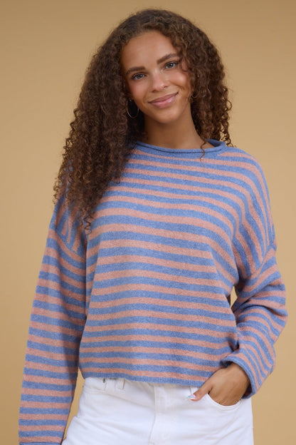 Nelly Stripe Pullover Sweater in blush & blue for women and teenage girls.