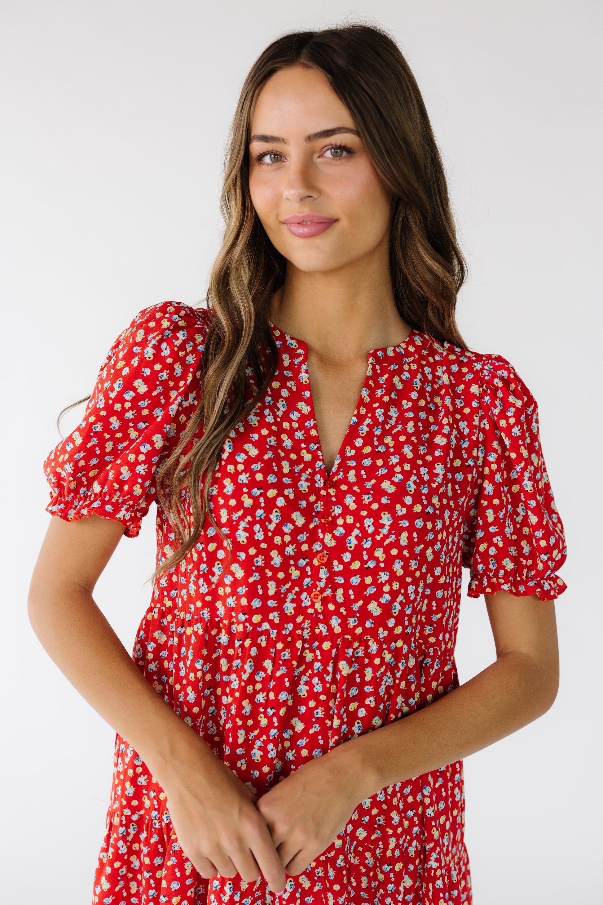 short sleeve red floral dress Red Floral Short Sleeve Round Neck Button Front Midi Dress