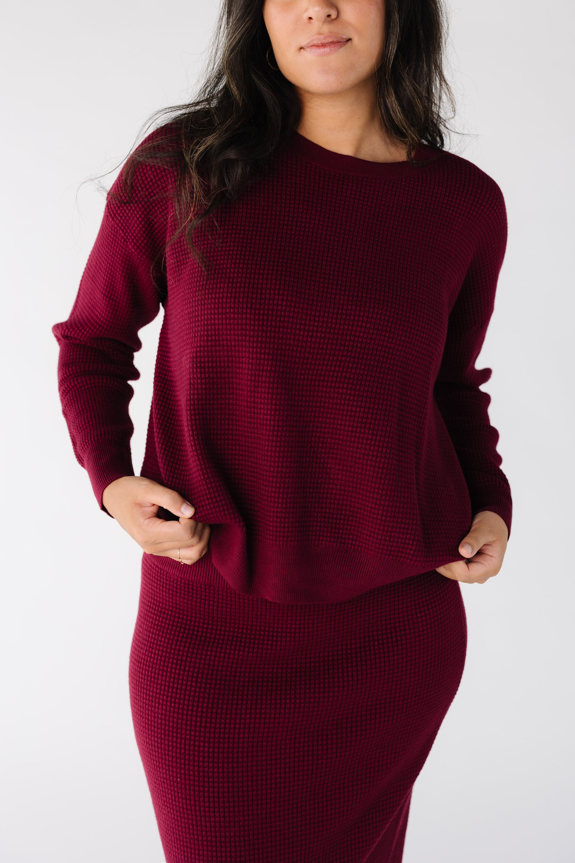 Textured Waffle Sweater Skirt Set for women and teens in mulberry