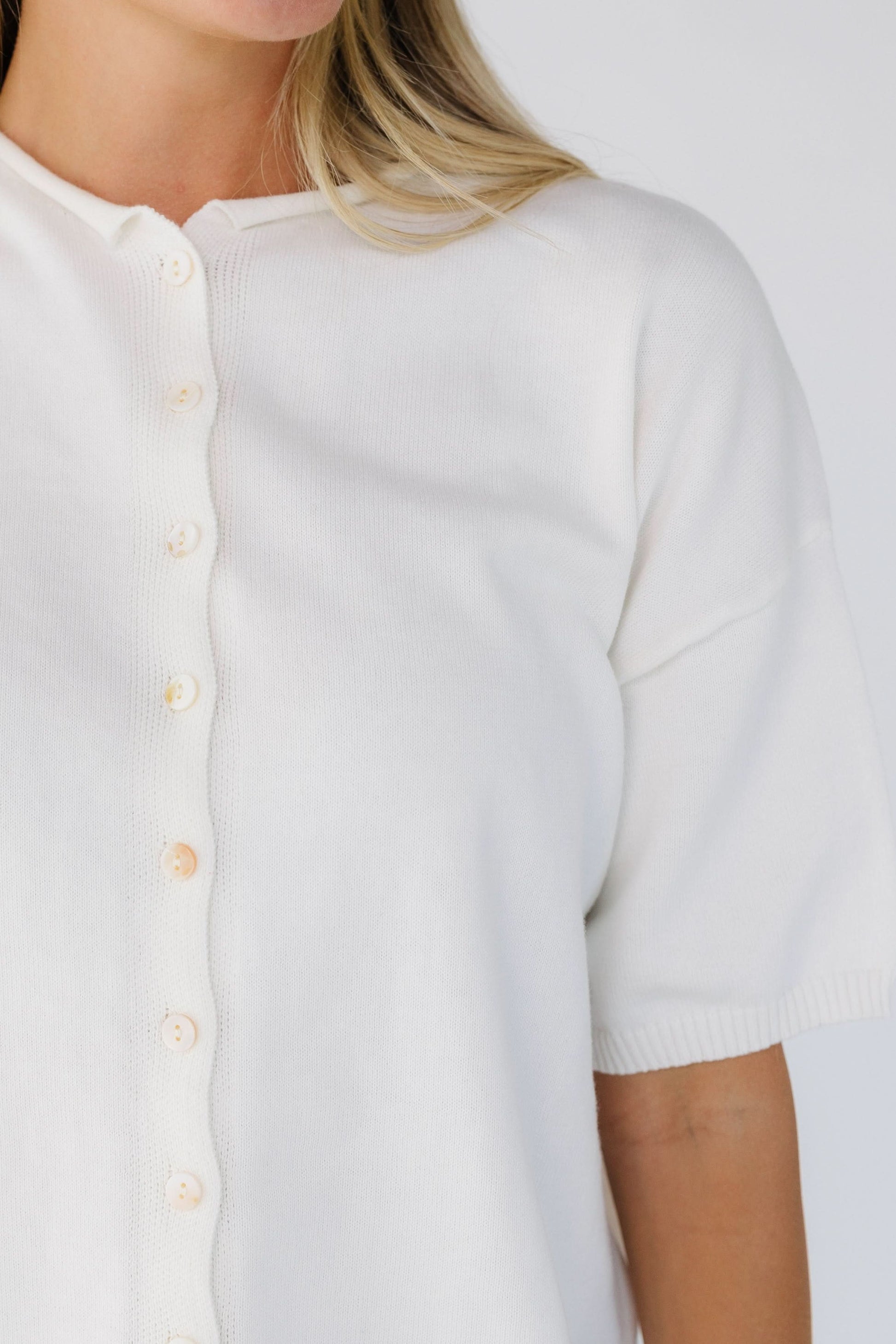 Button Down Knit Top in ivory for women and teenage girls.