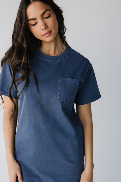 Close view of blue t-shirt dress with single front patch pocket