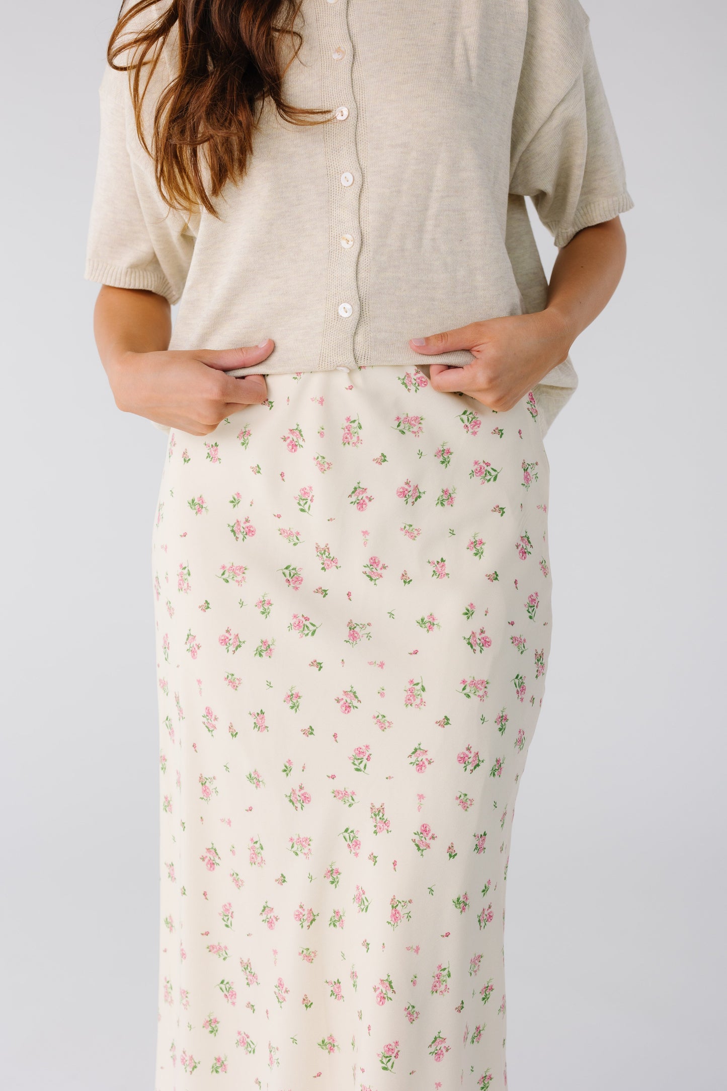 Close view of ivory floral midi skirt