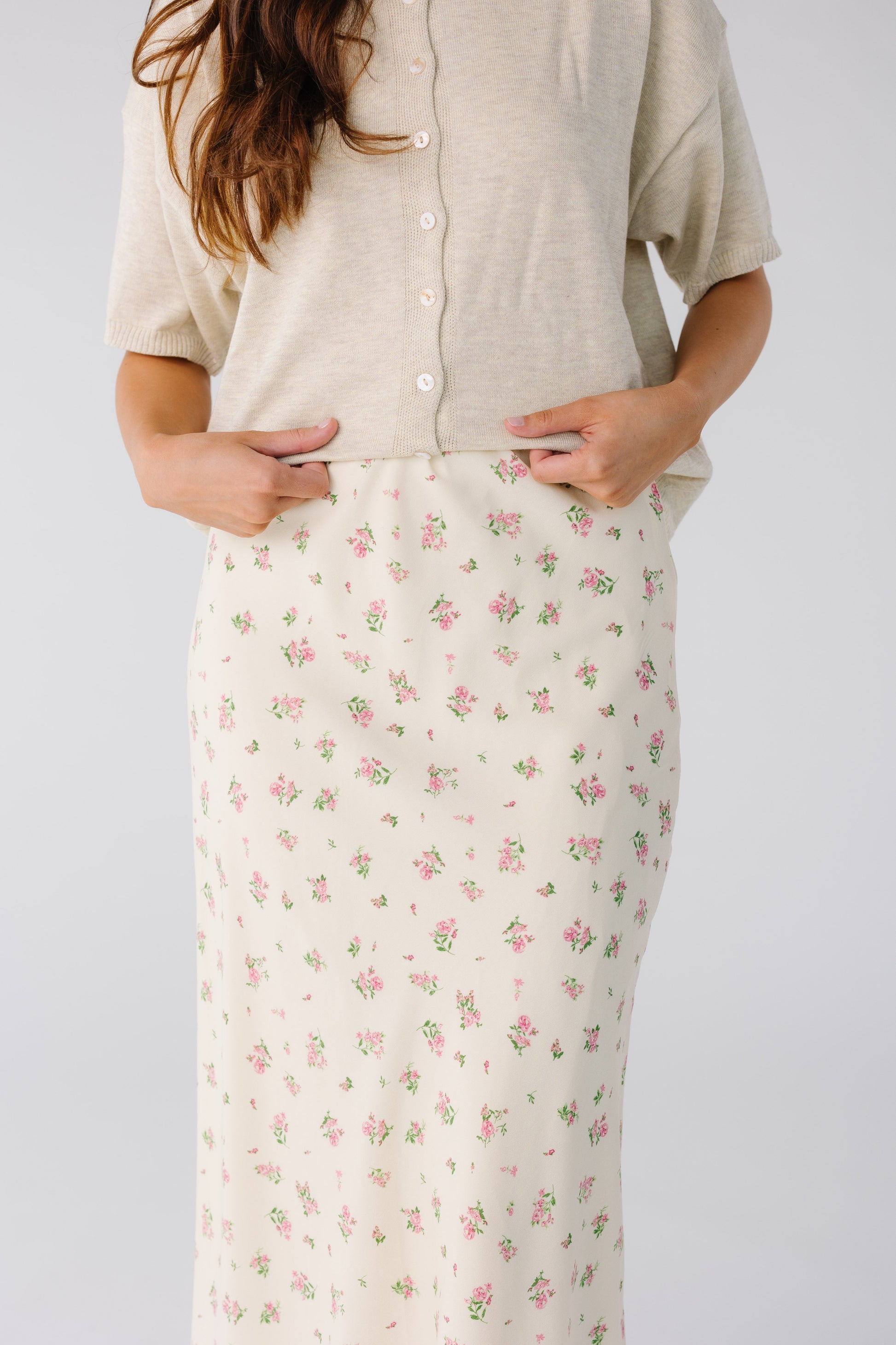 Close view of ivory floral midi skirt
