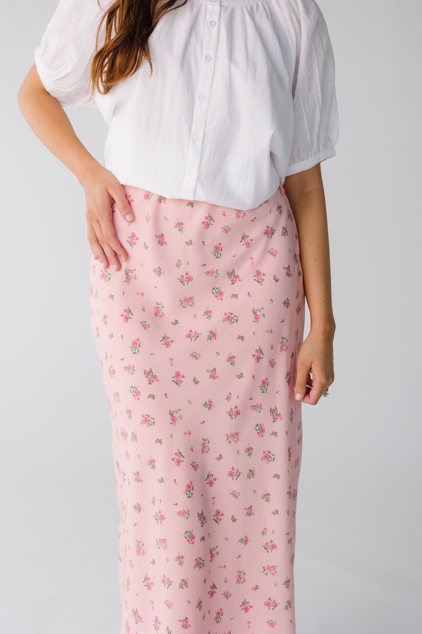 Pink floral A-line midi skirt with elastic waist