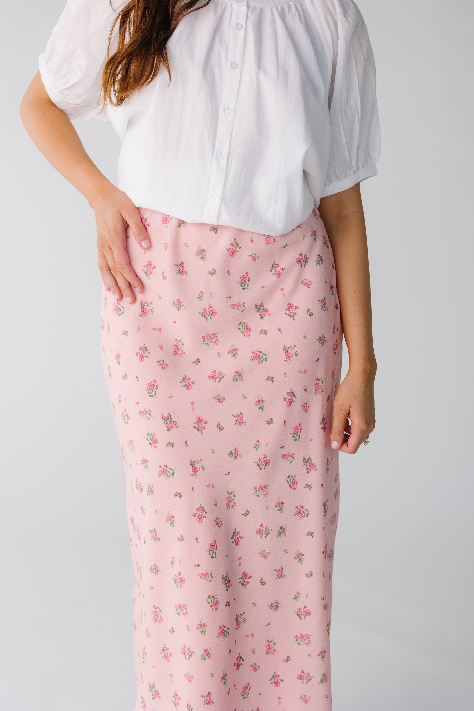 Pink floral A-line midi skirt with elastic waist