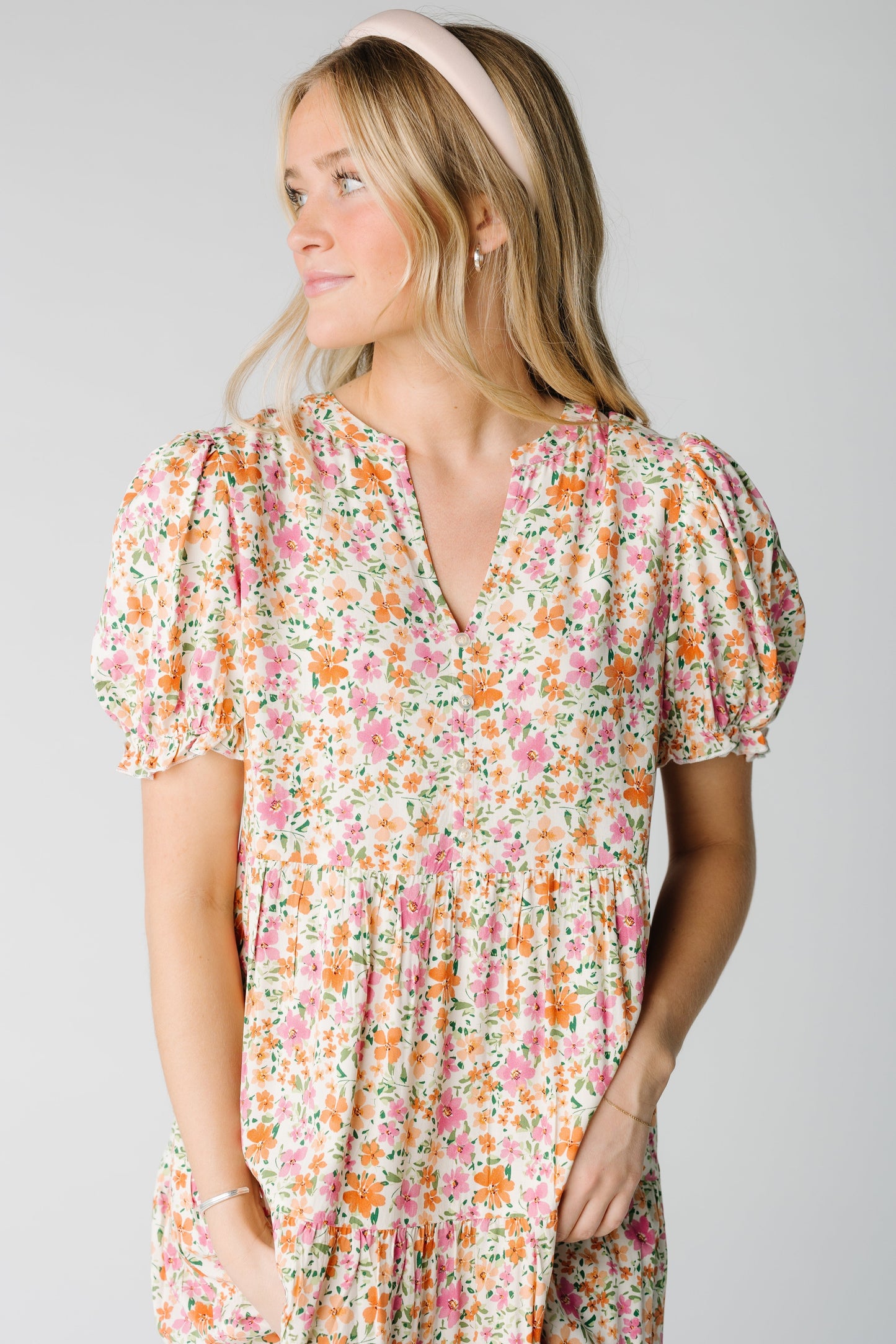 Pink floral dress with short puff sleeves