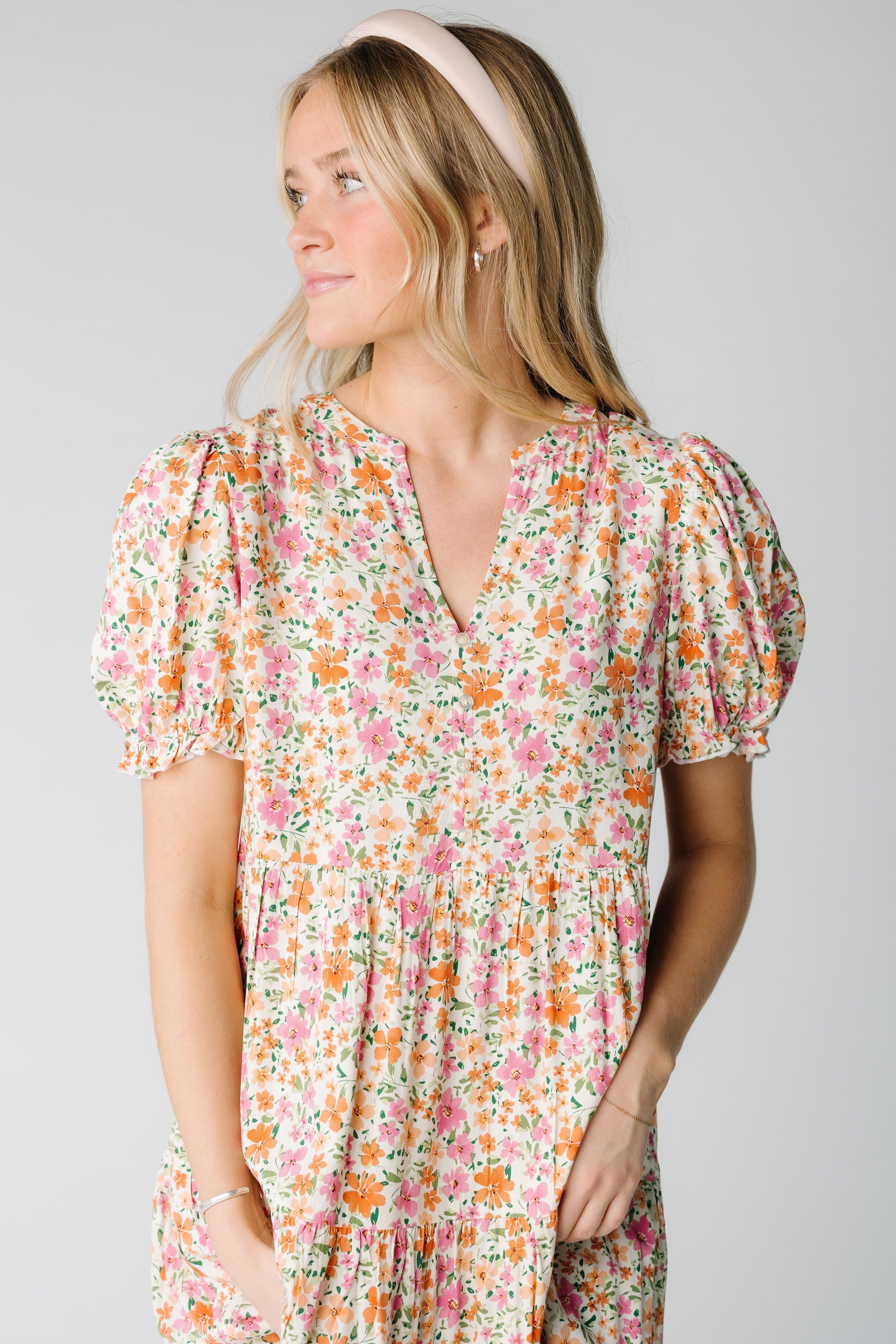 Pink floral dress with short puff sleeves