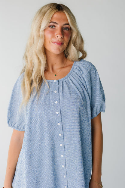 Close view of women's blue gingham button down dress with short sleeves
