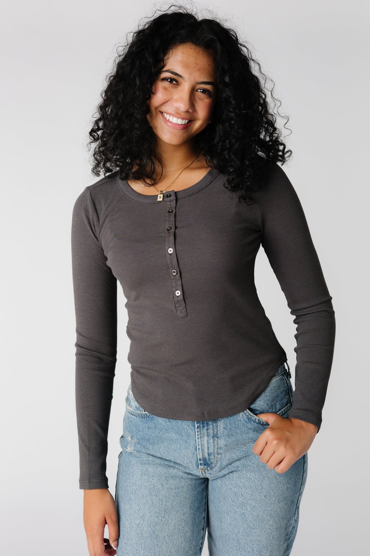 Close fitting Henley style long sleeve top in Charcoal