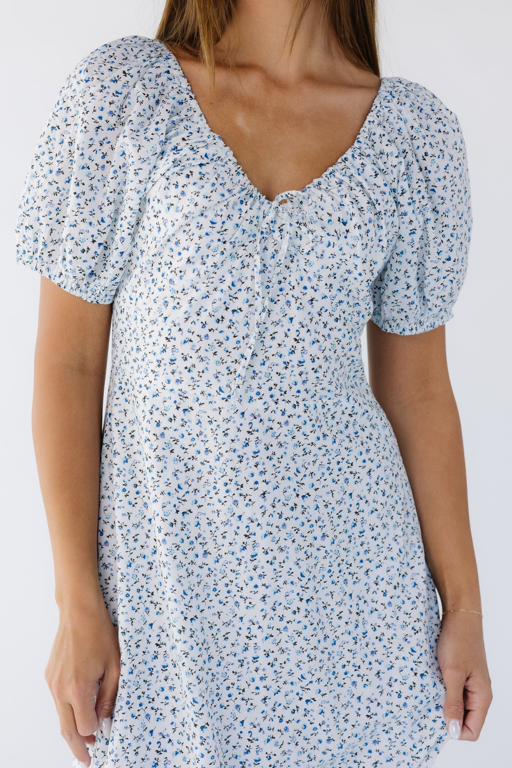 Close dress view of a woman wearing a blue print dress with a V-neckline, pointed empire waist with sort puff sleeves.