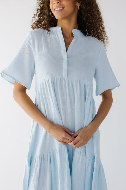 Brass & Roe Pondering Gauze Dress midi dress in light blue for women and teen girls.