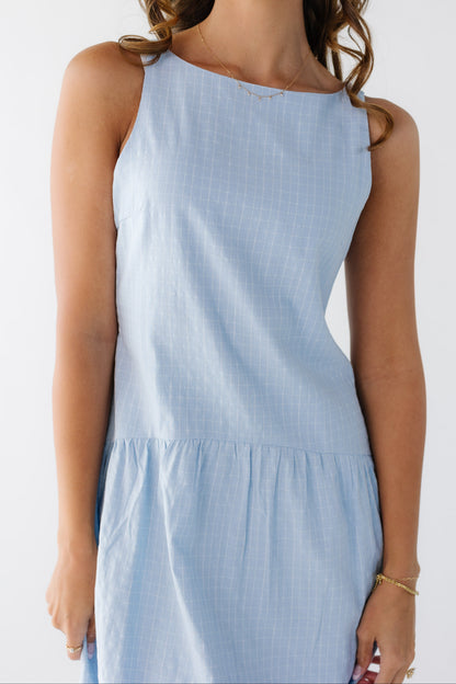 Close up view of a young woman wearing a light blue plaid sleeveless dress with a drop waist.