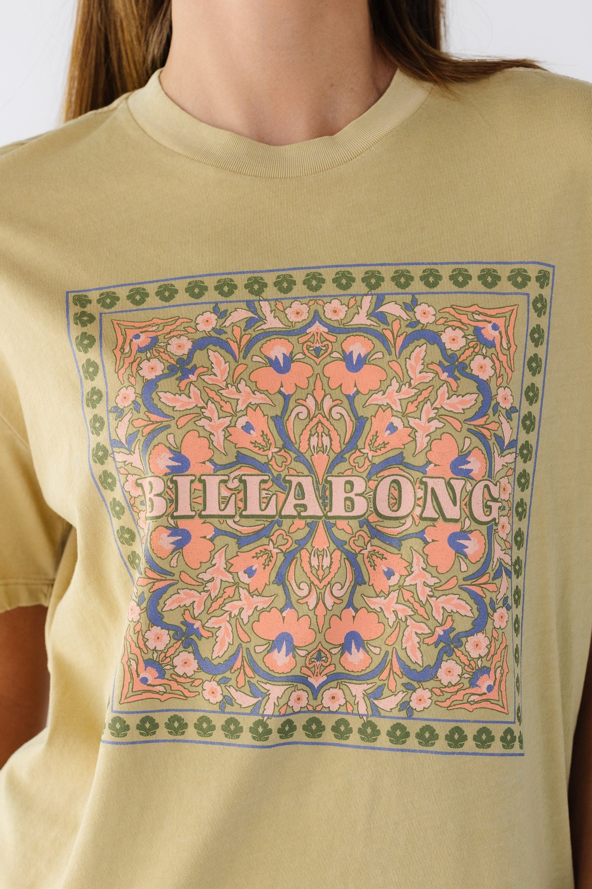 Billabong Flowers Ahead Short Sleeve Tee in a light mustard for women and teen girls. 24B351611.