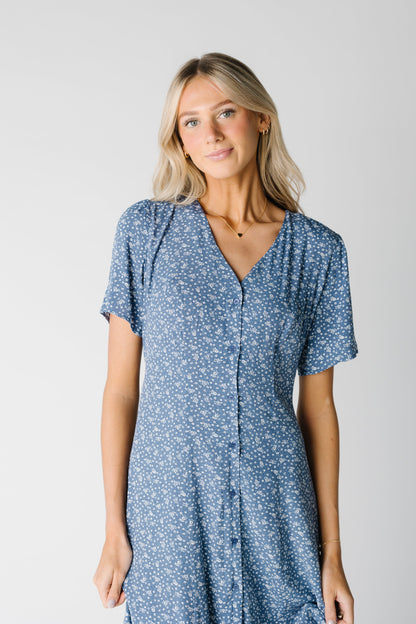 Modest blue print button down midi with shoulder gathers and short sheeves