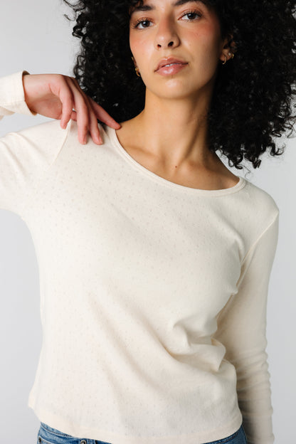 Modest diamond pointelle long sleeve top in cream