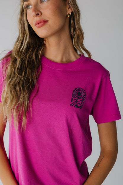 Close view of fuschia graphic O'Neill tee