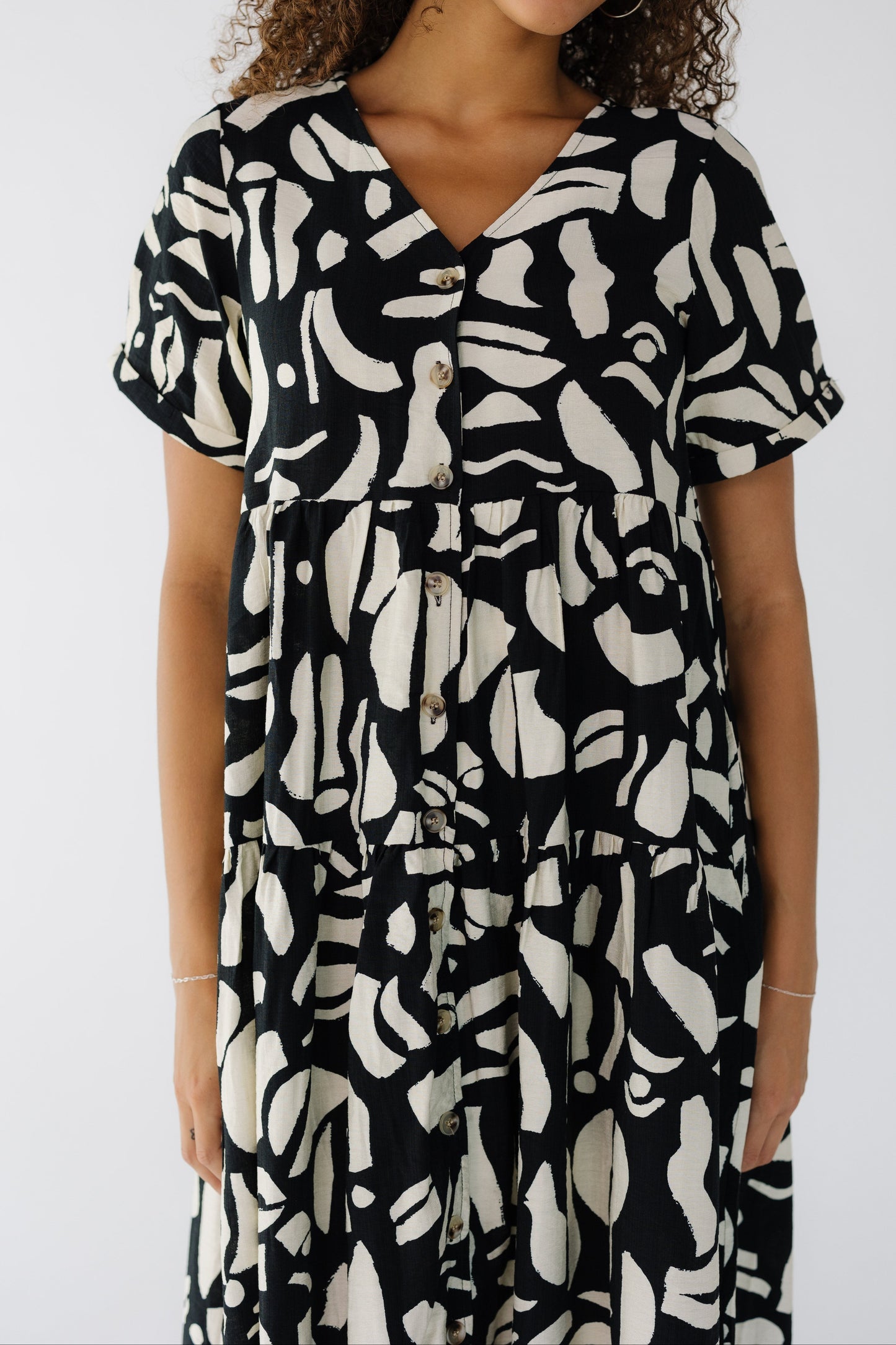 Brass & Roe Keri Button Down Dress in a black & cream abstract print for women and teen girls.