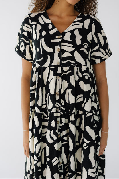Brass & Roe Keri Button Down Dress in a black & cream abstract print for women and teen girls.