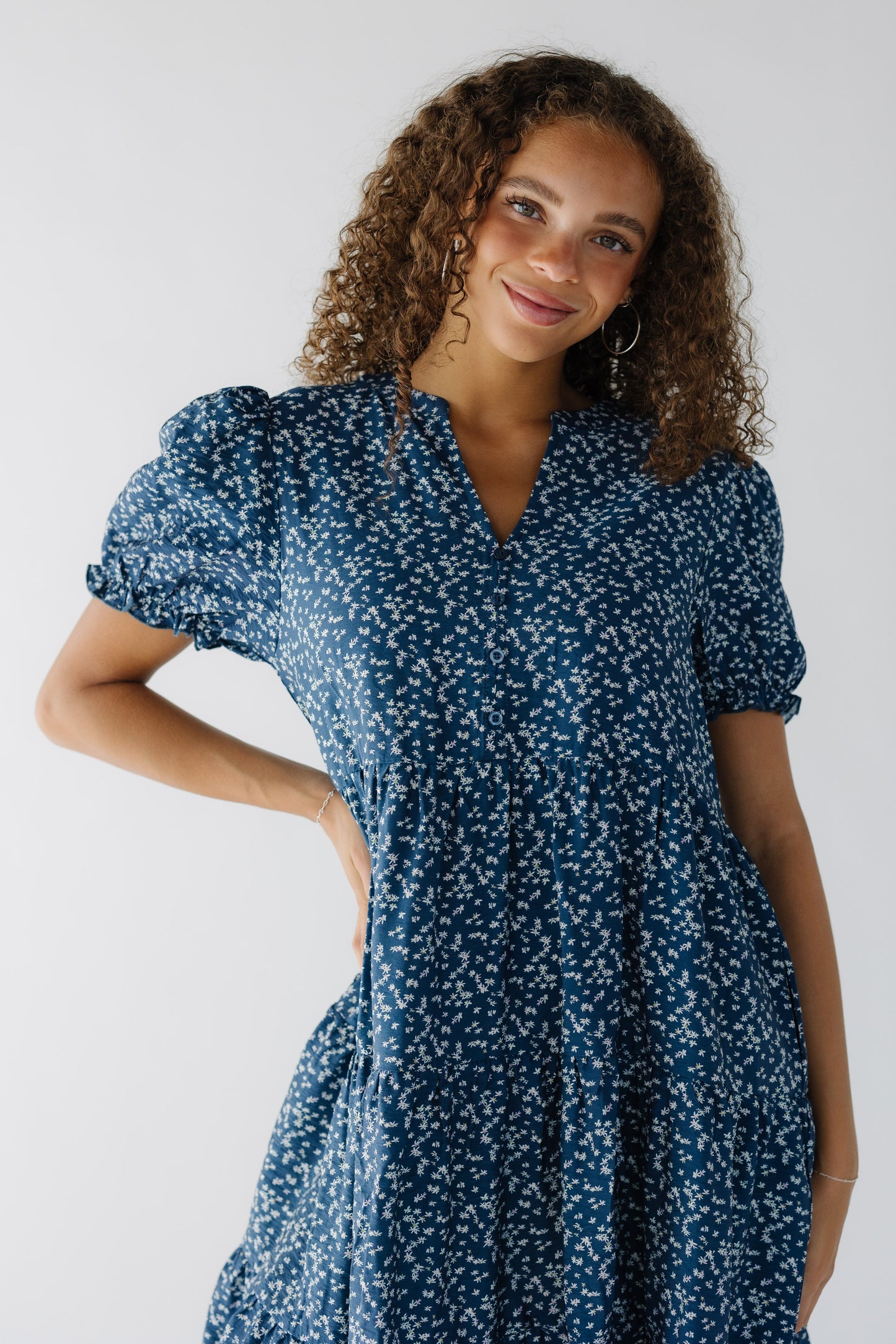 Brass & Roe Carol Dress in navy floral print for women and teenage girls.