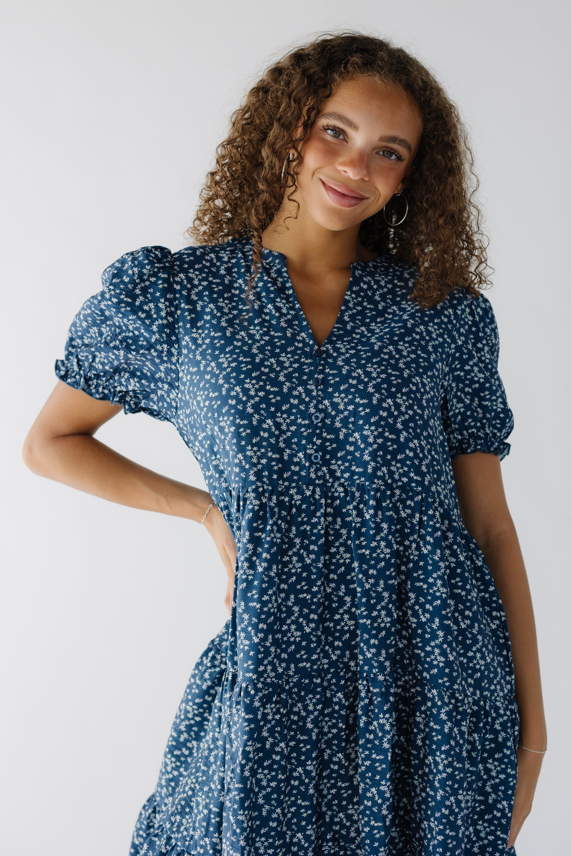 Brass & Roe Carol Dress in navy floral print for women and teenage girls.