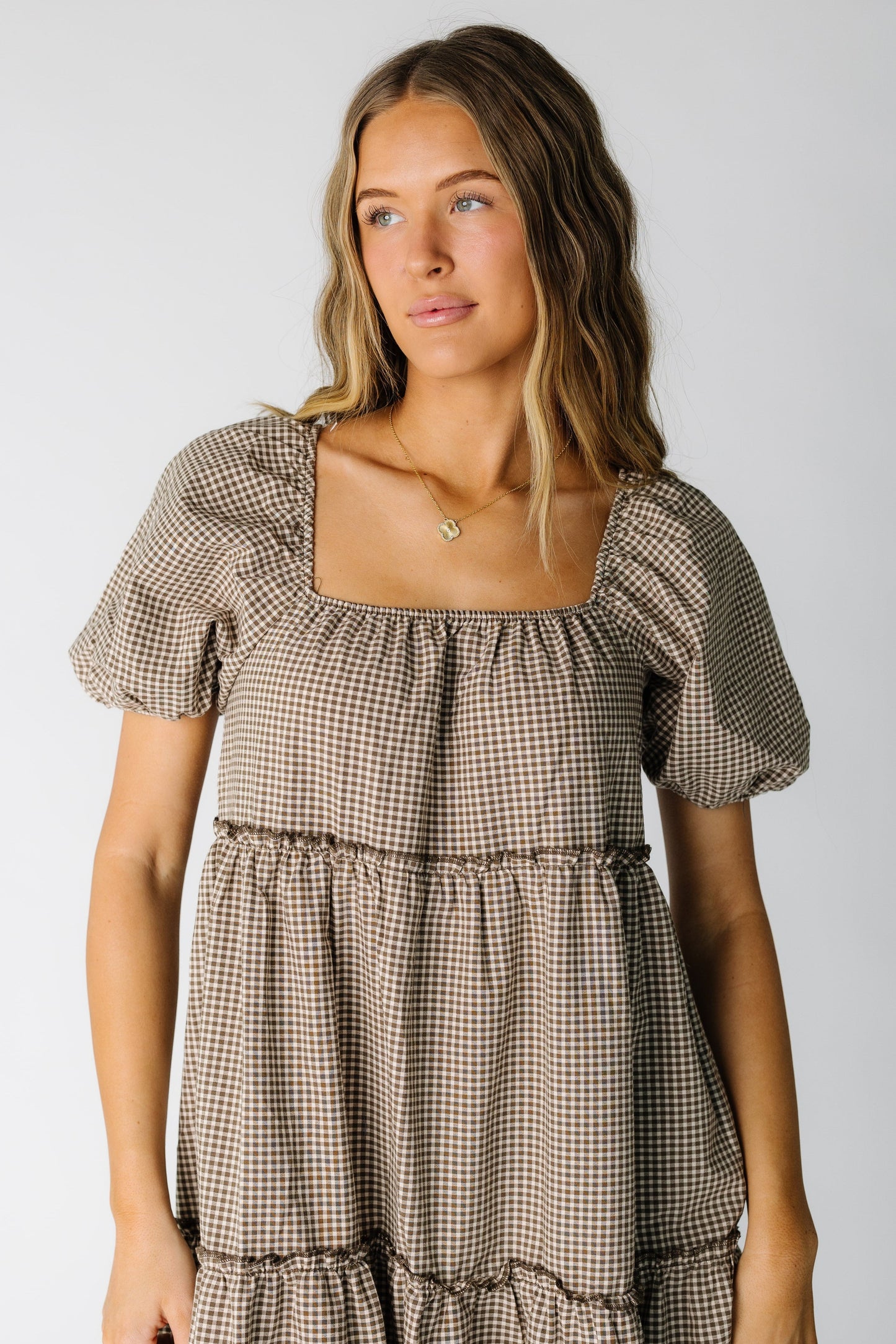 Brass & Roe Charity Tiered Midi Dress - Gingham WOMEN'S DRESS brass & roe Brown/Tan XS 
