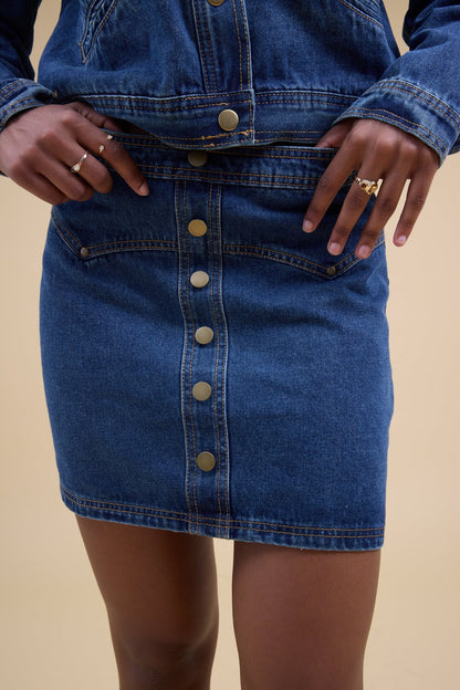 Button Down Indigo Denim Skirt WOMEN'S SKIRTS Miou Muse 