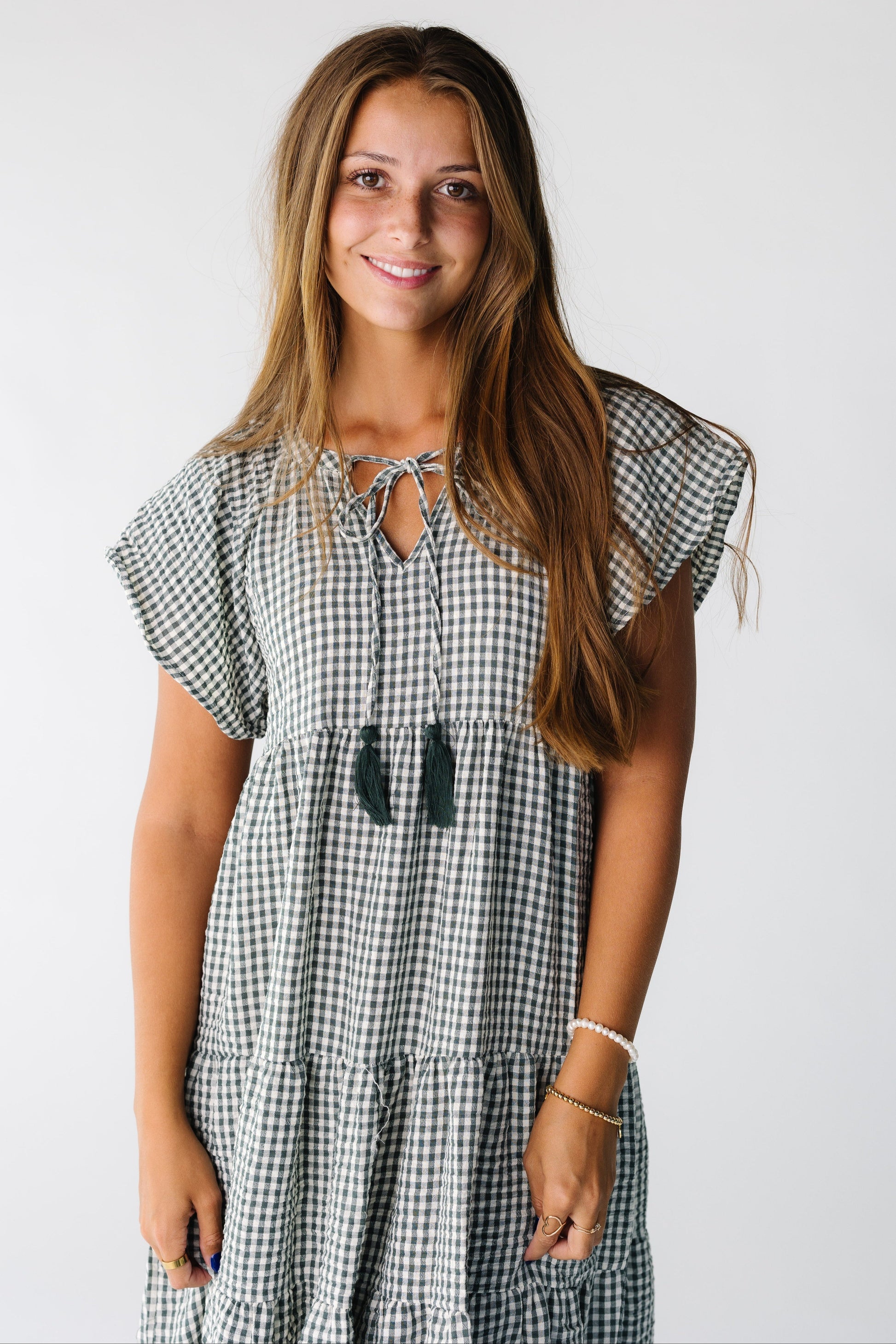 gingham midi dress short sleeve The Notion Blue Gingham Midi Dress, Medium - The Mint Julep Boutique